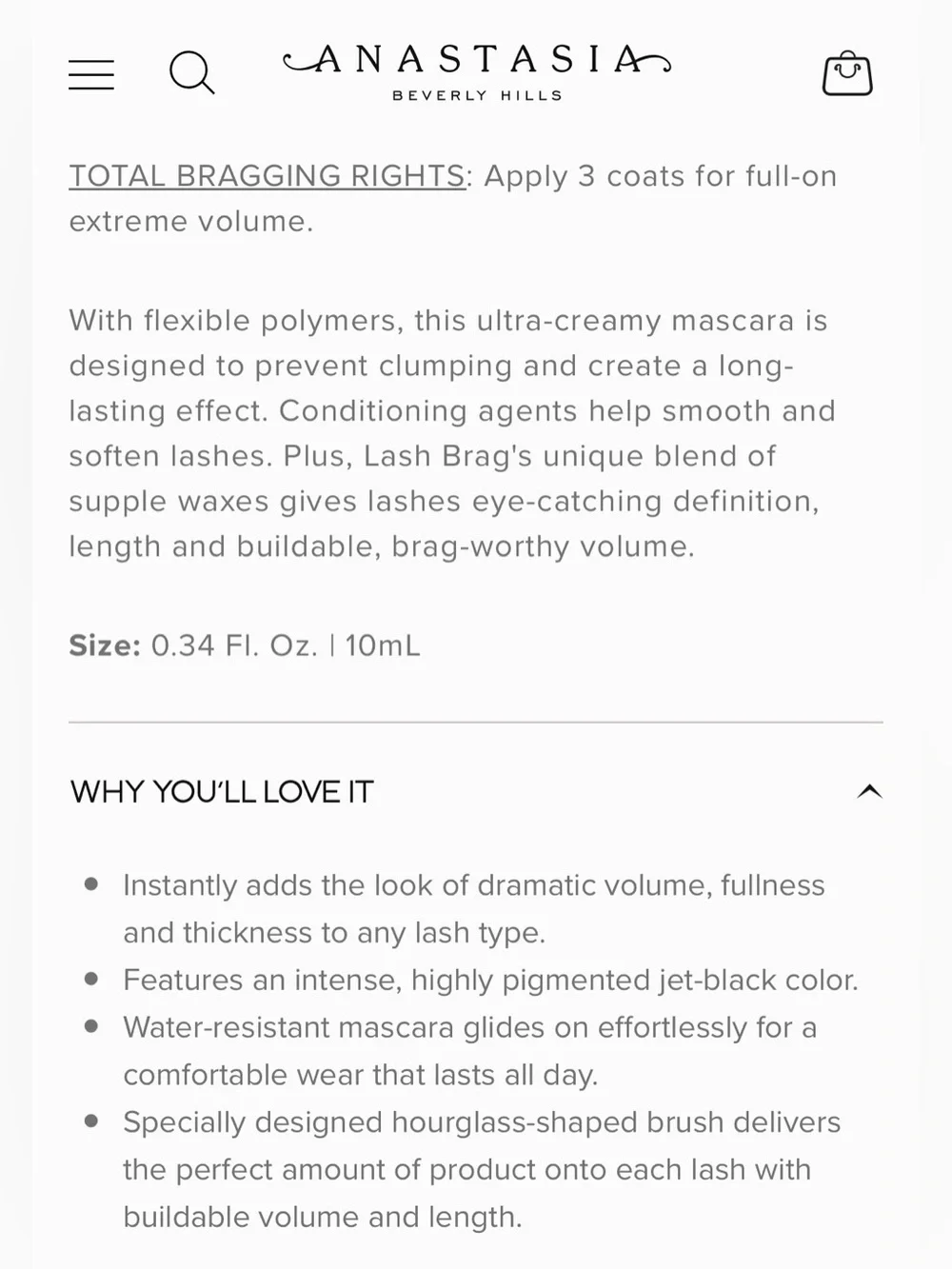 New Anastasia Beverly Hills Lash Brag Volumizing Buildable Mascara Full Size
